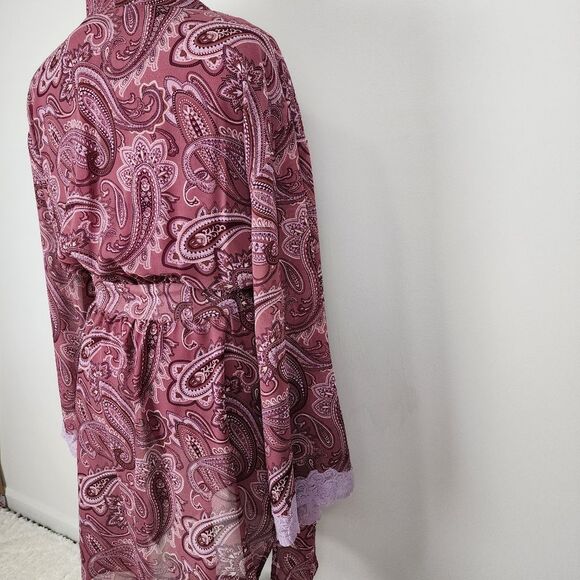 Valerie Stevens Robe Mauve Chiffon Paisley Print Lace Accent Cuffs Size L - Picture 9 of 15